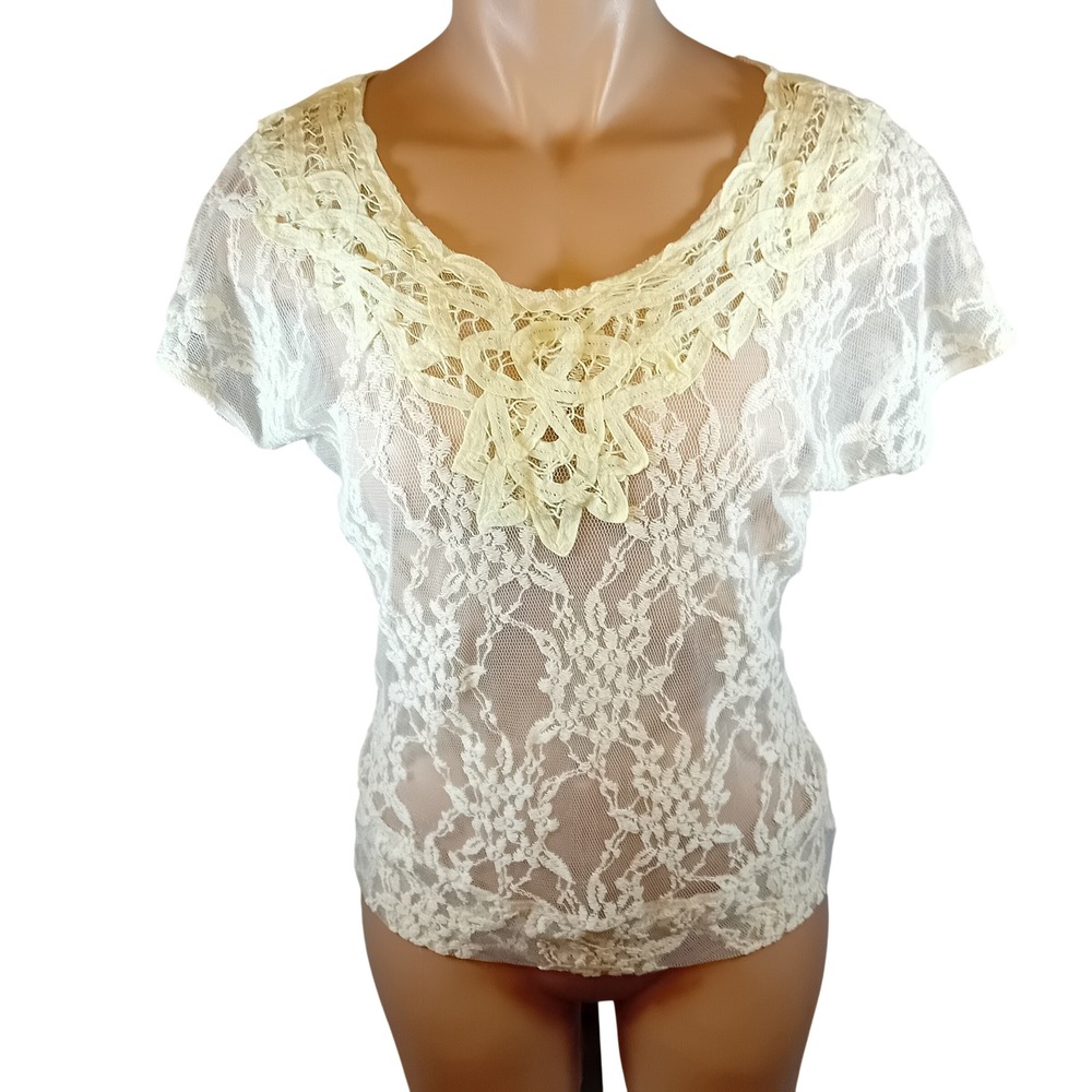 NWOT Y2K Rue21 Ivory Lace Topโ Women Crochet Trim Sheer See Thru Boho Festival S
